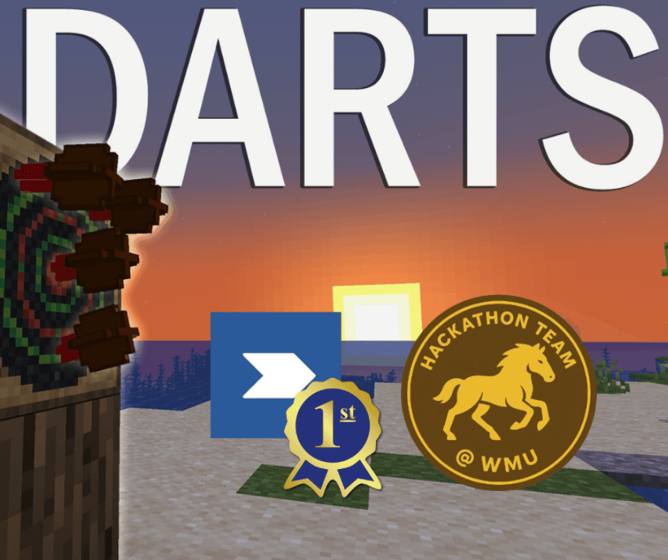 Image of minecraft mod for darts and badges for 1st Place Hackathon win.